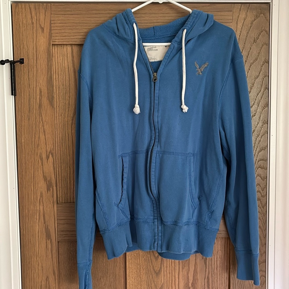 American eagle blue zip up hooded sweatshirt